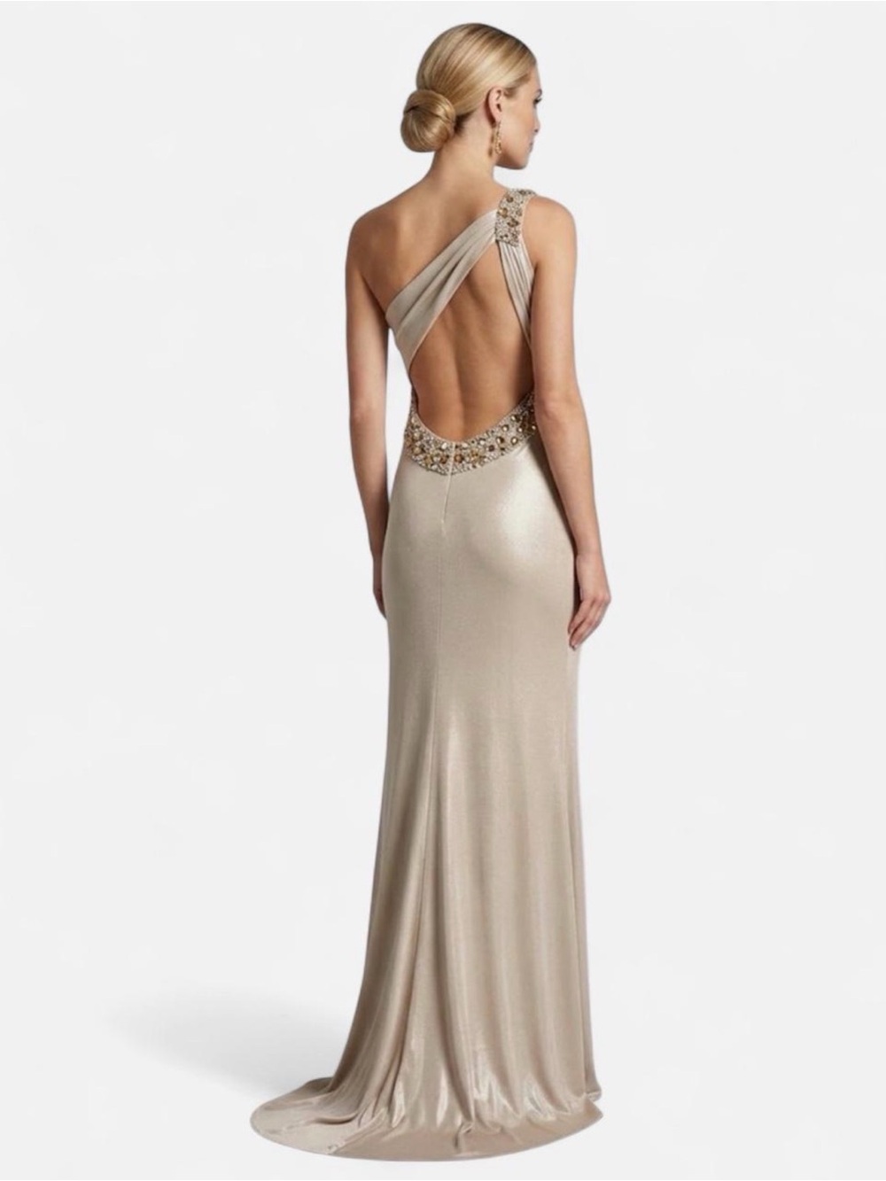 Terani Couture Shimmering Champagne & Gold Beaded One-Shoulder Evening Gown